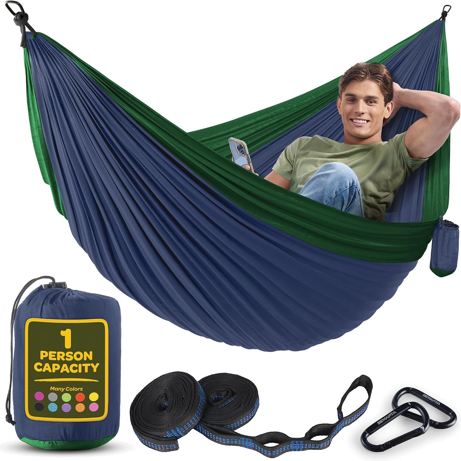 Durable Hammock 400 lb Capacity, Nylon Camping Hammock Chair - Double or Single Sizes w/Tree Straps and Attached
