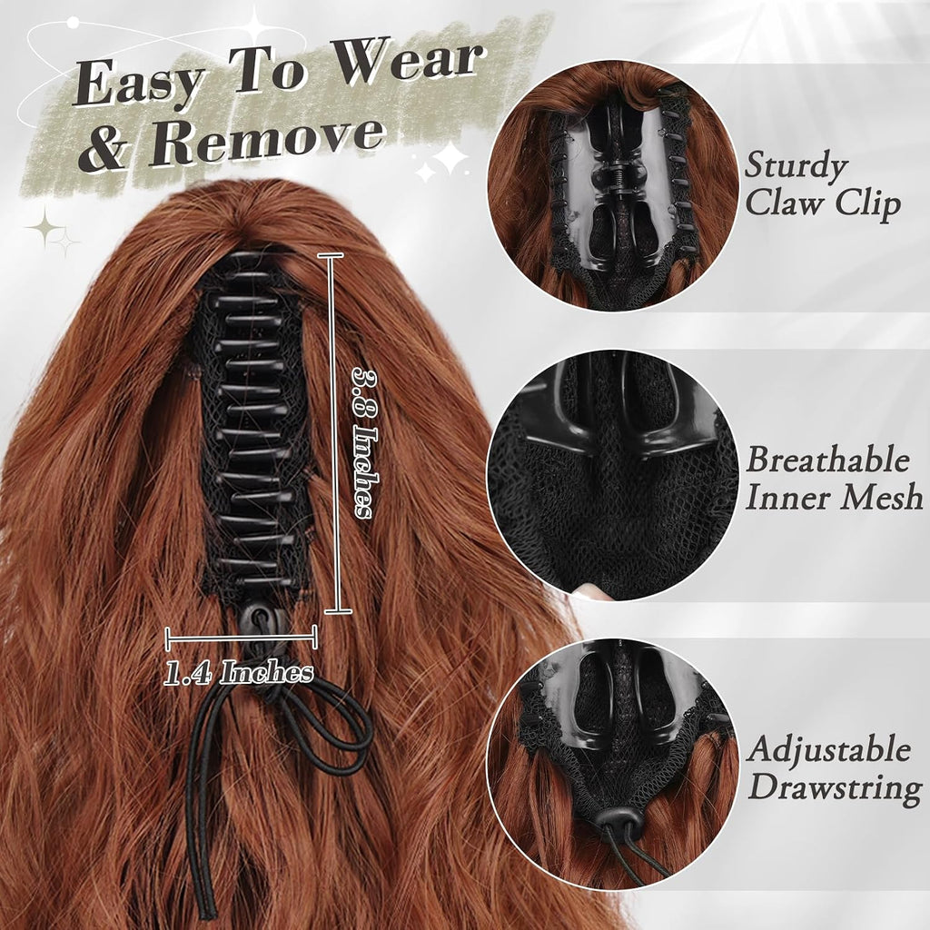 18 Inch Claw Clip Auburn Ponytail Extension – Thick Soft Wavy Curly Hairpieces for Women, Synthetic Claw Clip Hair