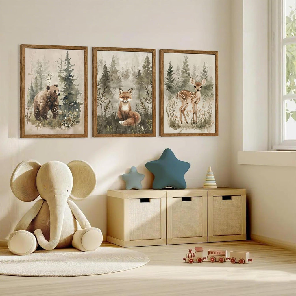 Woodland Animals Nursery Decor Framed Canvas Wall Art, 3pc 12x16 In | Cute Bear Fox Deer, Neutral Forest Animals