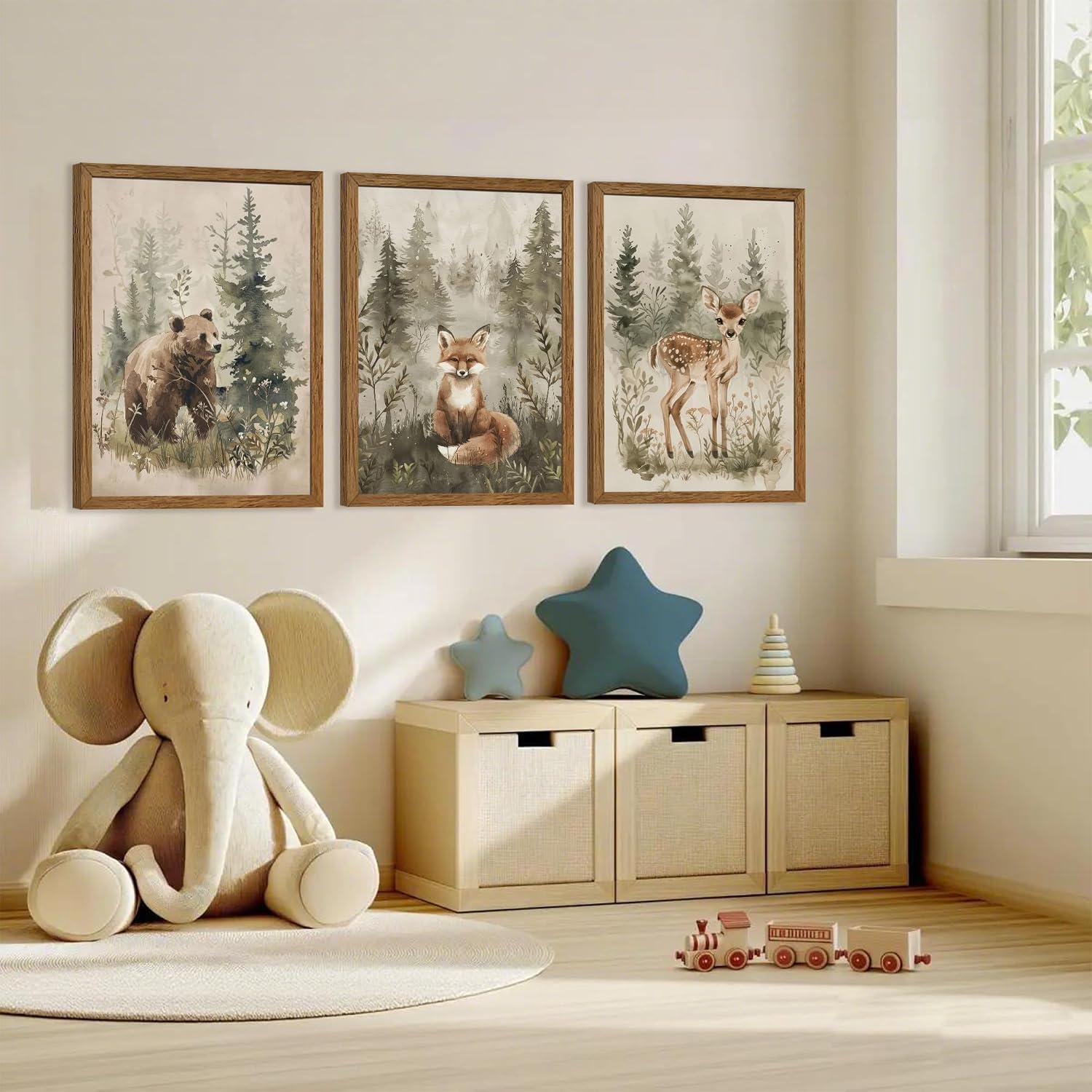 Woodland Animals Nursery Decor Framed Canvas Wall Art, 3pc 12x16 In | Cute Bear Fox Deer, Neutral Forest Animals