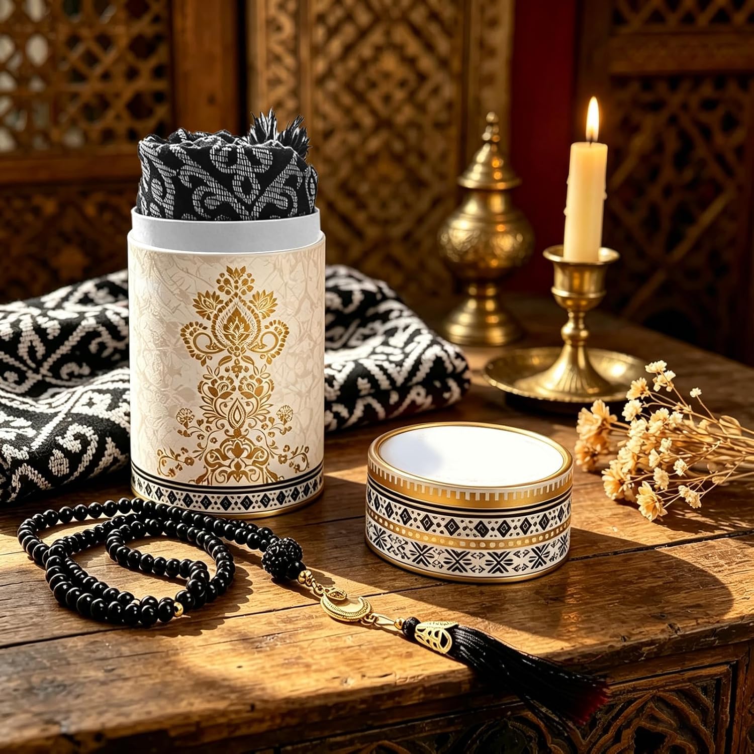 Muslim Prayer Rug with Tasbih Prayer Beads and Compass Keychain