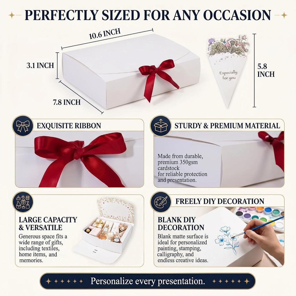White Gift Boxes with Lids and Ribbon, 10 Pack, 10.6x7.8x3.1 Inch