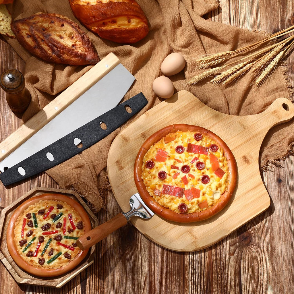 3 Pcs Round Pizza Stone Set, 12" x 17" Bamboo Pizza Peel with Foldable Wooden Handle & Rocker Cutter Addle Cutting
