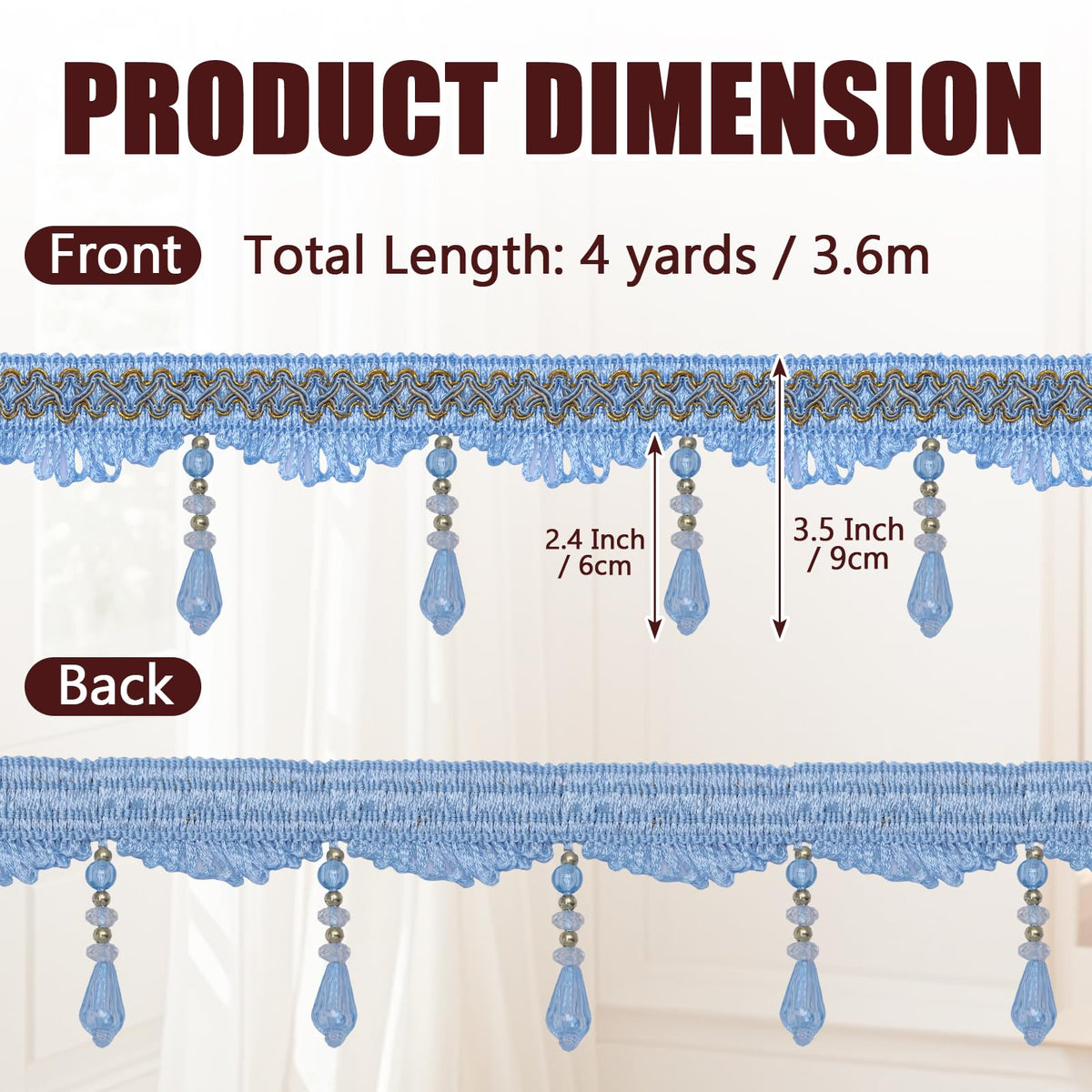 Blue Beaded Fringe Trim, 4 Yard, 3.5 Inch Wide