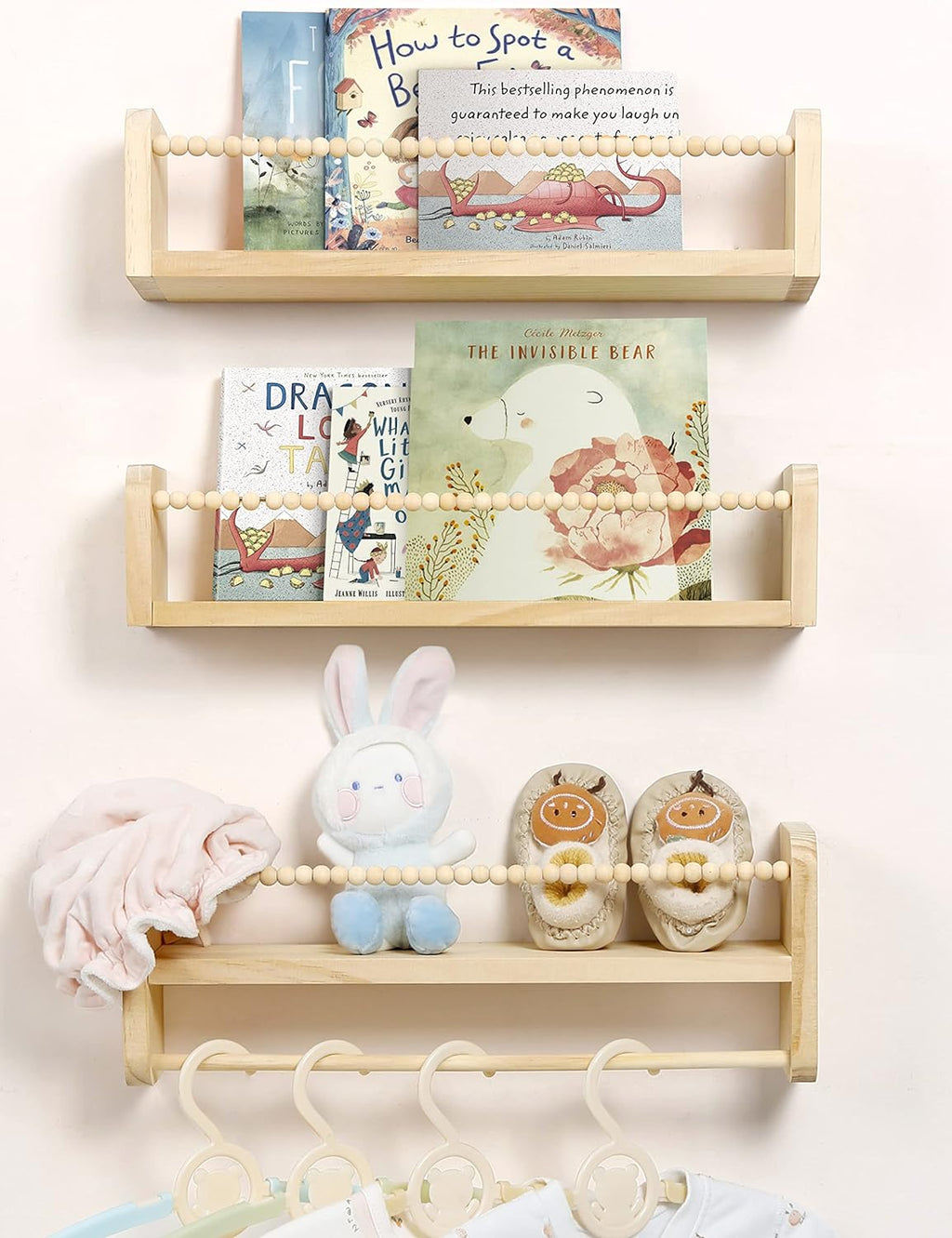 Nursery Floating Shelves for Wall, Set of 3 Book Shelves Natural Wood Wall Mounted Organizer with Towel Bar Hanging