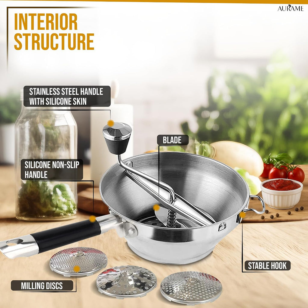 Premium Stainless Steel Food Mill - Effortless Pureeing, Straining & Milling for Soups, Sauces, Baby Food, and More –