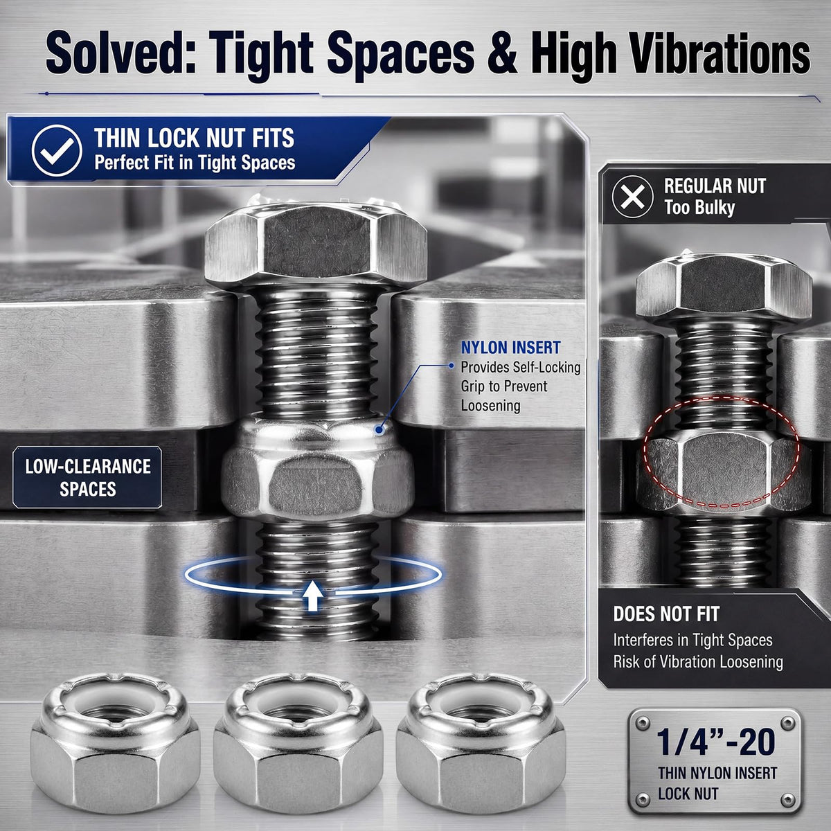 Shimeyao 50 Pack 1/4-20 Thin Nylon Insert Lock Nuts,Silver