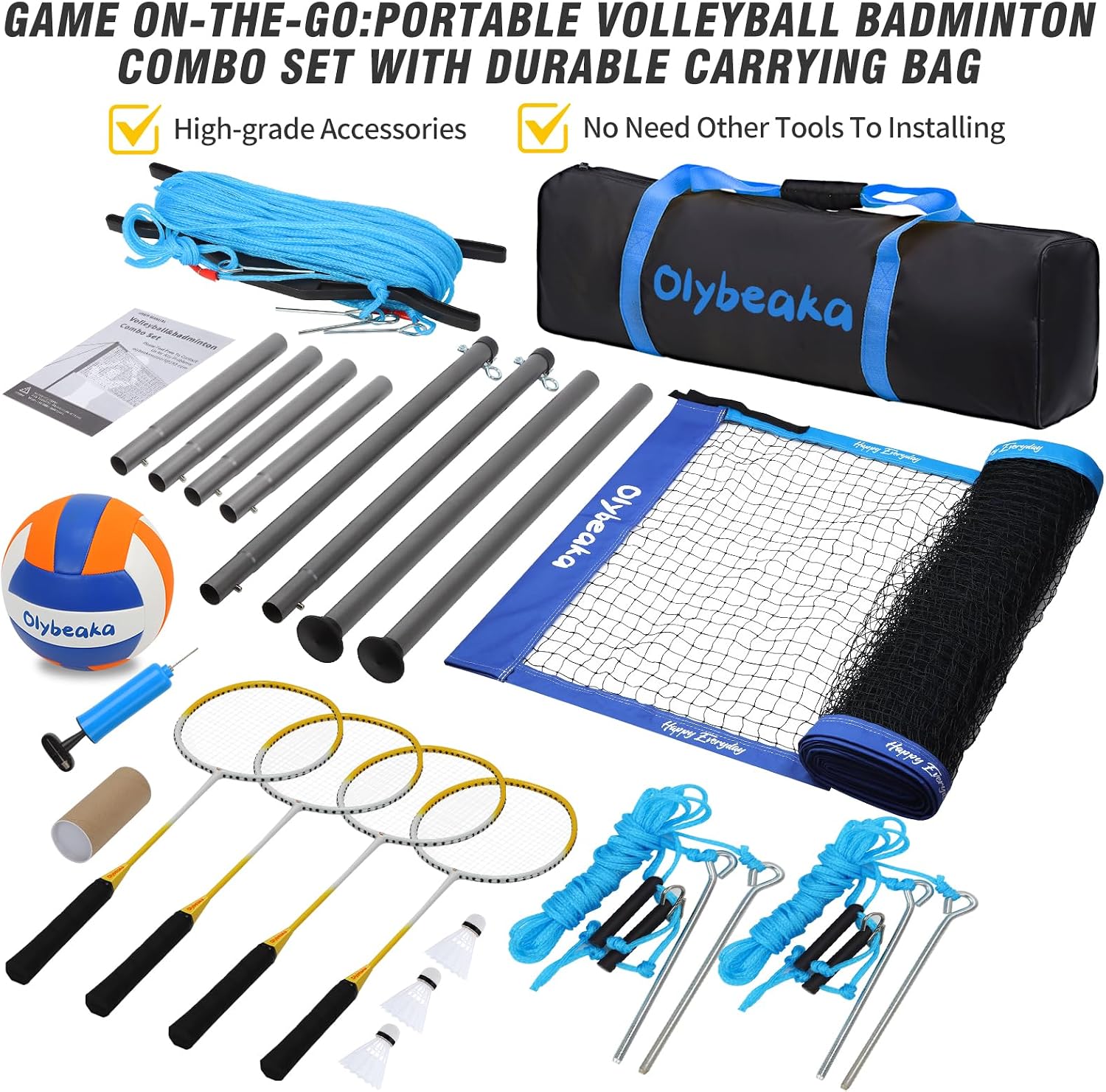 32FT Volleyball Badminton Combo Net Set System, 4 Heights Adjustbale | with 1.25" Poles, Anti-Sagging Net, 4