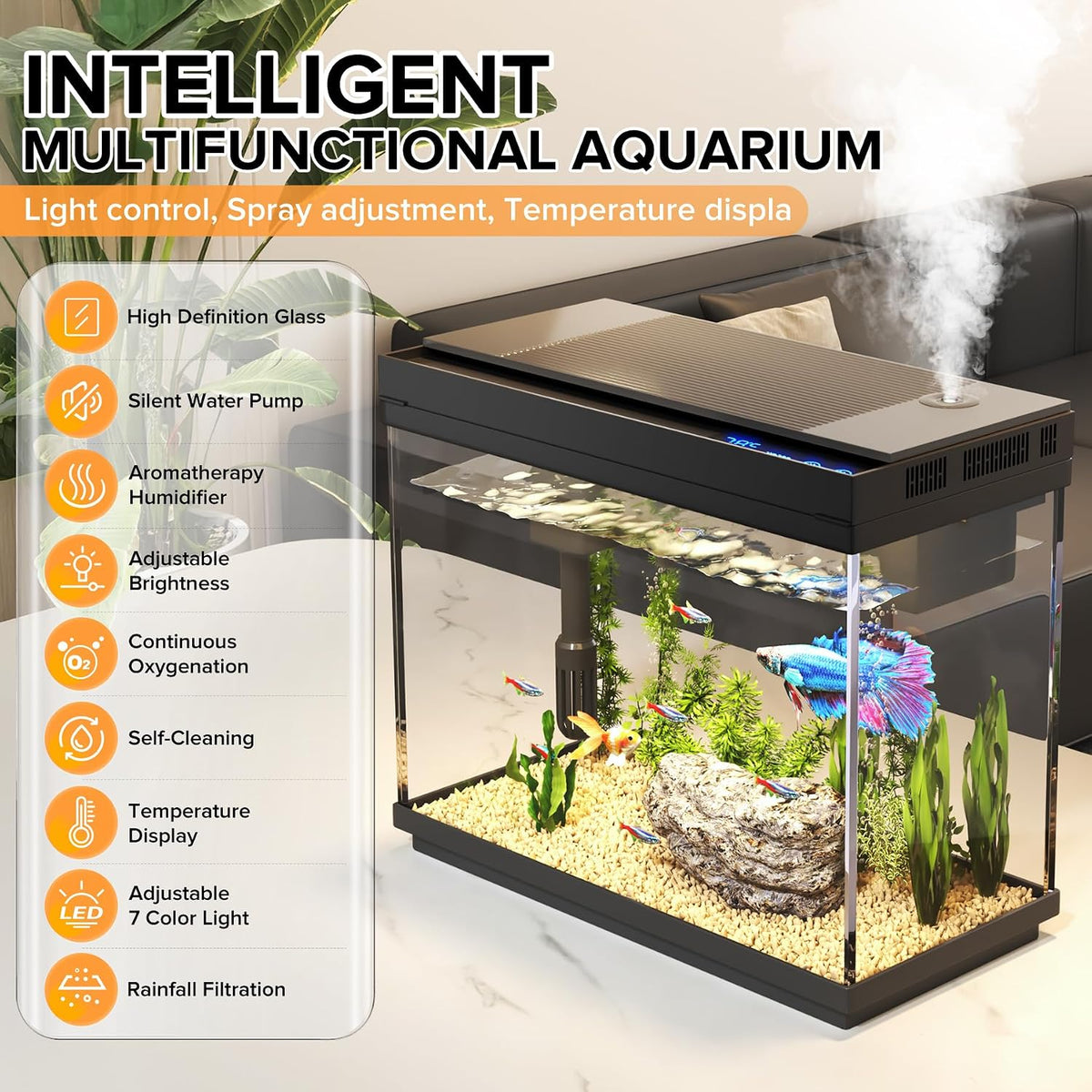 Fish Tank, 2.4-Gallon Aquarium Starter Kit with 3-in-1 Quiet Pump
