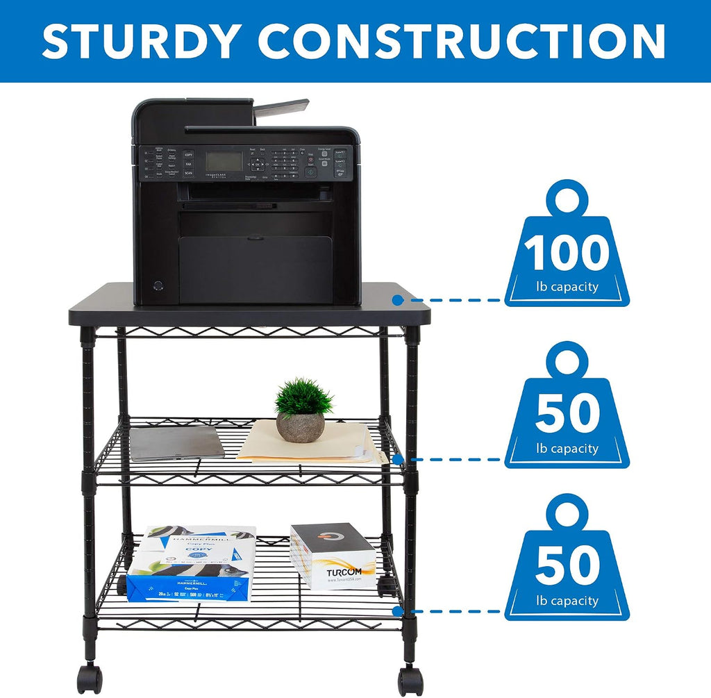 Printer Stand With Wheels | 3-Tier Large Printer Cart With Storage Shelves For 3D & Laser Printer, Scanner, Heat