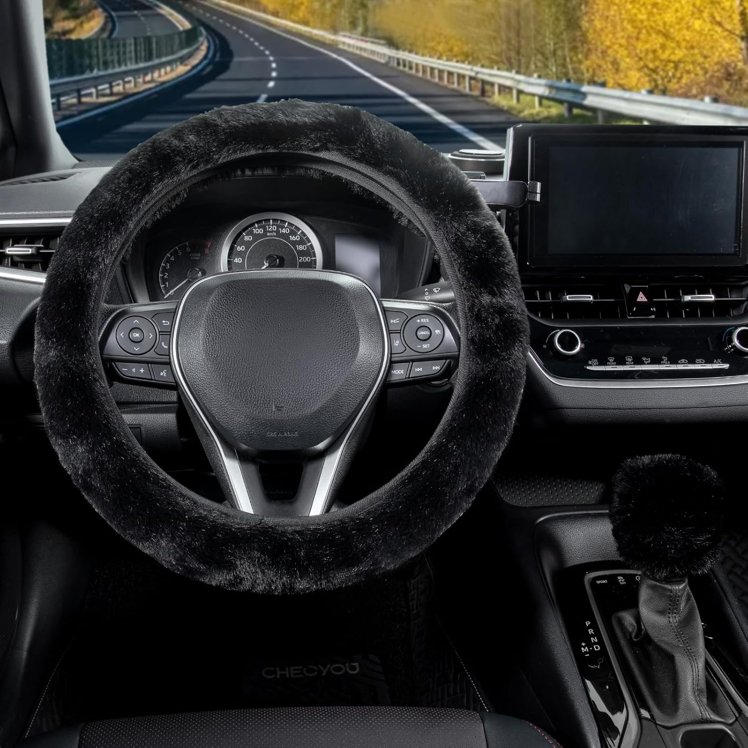Furry Car Steering Wheel Cover with Fluffy Gear Shift Cover Soft Warm Non-Slip Car Decoration for Men Women Girls 2