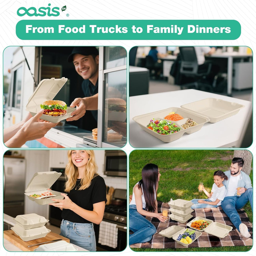 8x8 Inch 68 Pack 3-Compartment Clamshell Take Out Food Containers, Compostable Disposable Paper To Go Boxes with