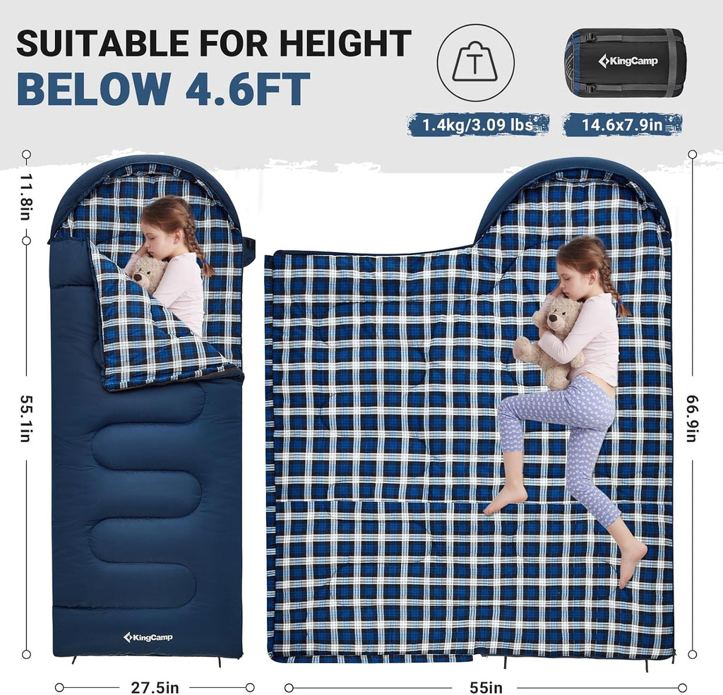 45°F Kids Sleeping Bag, 100% Flannel Sleeping Bag for Child | Lightweight Waterproof & Compact Sleeping Bags Cold