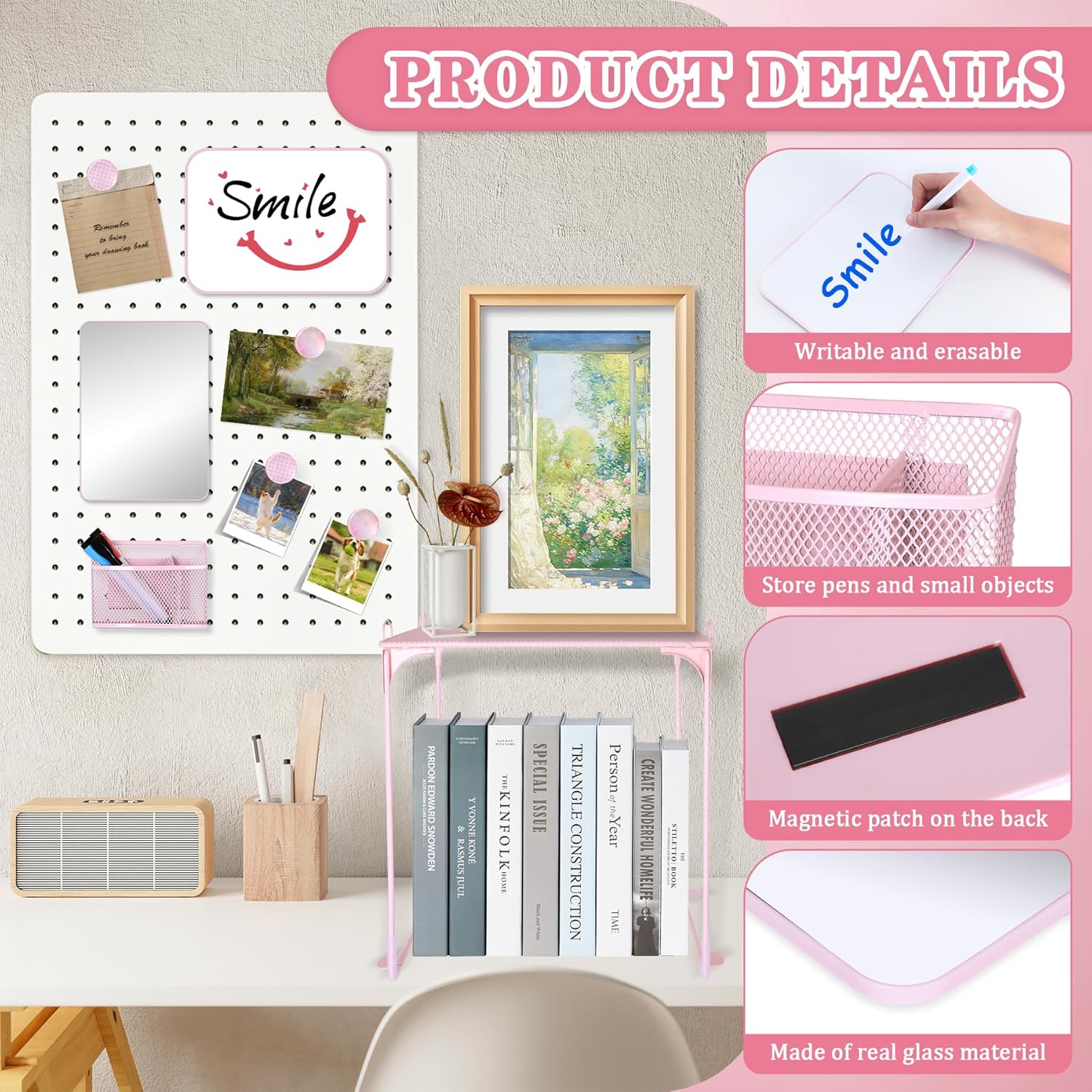 11 PCS Locker Accessories Kit Pink Locker Organizer Decorations Supplies Includes Folding Shelf, Magnetic Mirror &