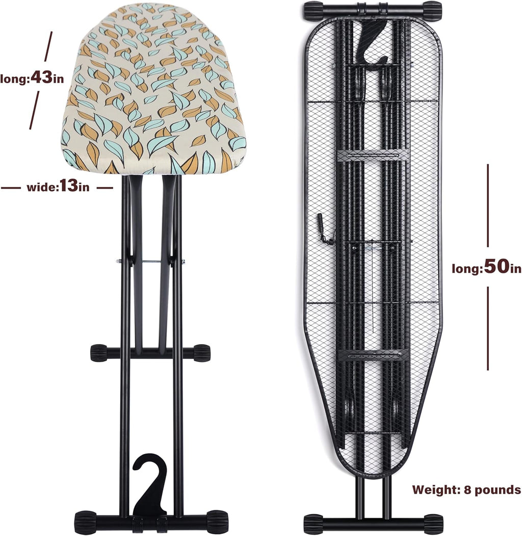Ironing Board 43x13, Heat Resistant Cover, Heavy Sturdy Legs | 7 heights 28-35"·Rock-solid metal