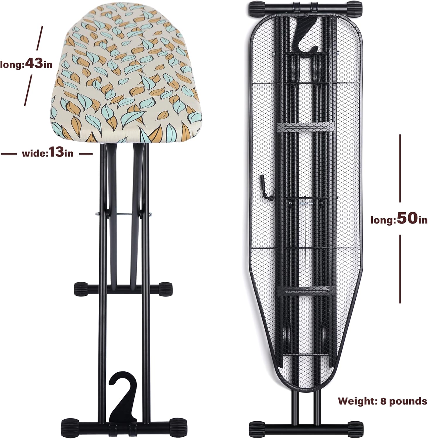 Ironing Board 43x13, Heat Resistant Cover, Heavy Sturdy Legs | 7 heights 28-35"·Rock-solid metal