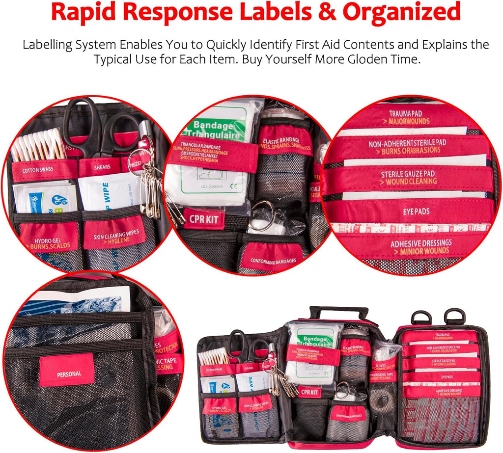 First Aid Kit with Rapid-Response Labeled Compartments, Compact Waterproof Emergency Kit with Molle Straps for Car
