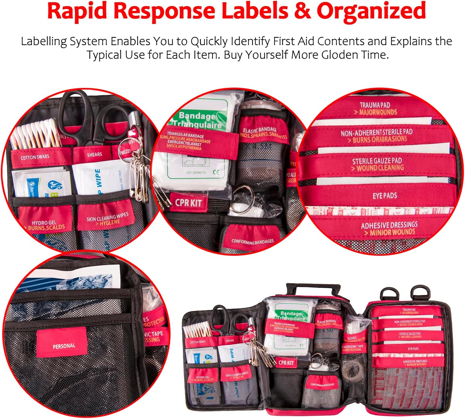 First Aid Kit with Rapid-Response Labeled Compartments, Compact Waterproof Emergency Kit with Molle Straps for Car