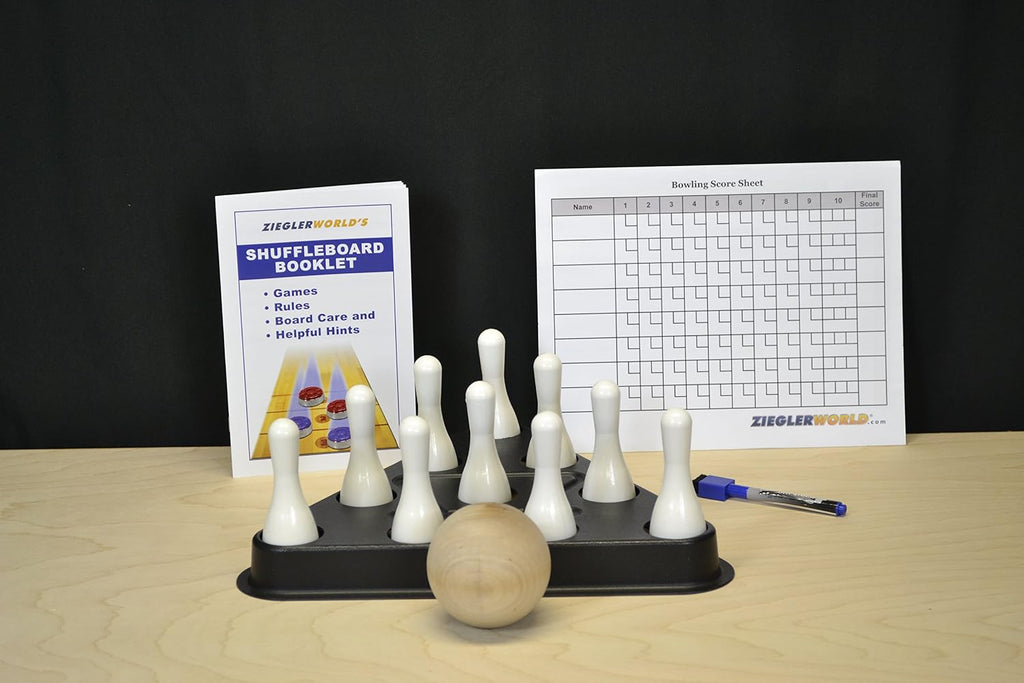 Table Shuffleboard Bowling White Pins - Pinsetter - Booklet - Score Chart & Wood Ball