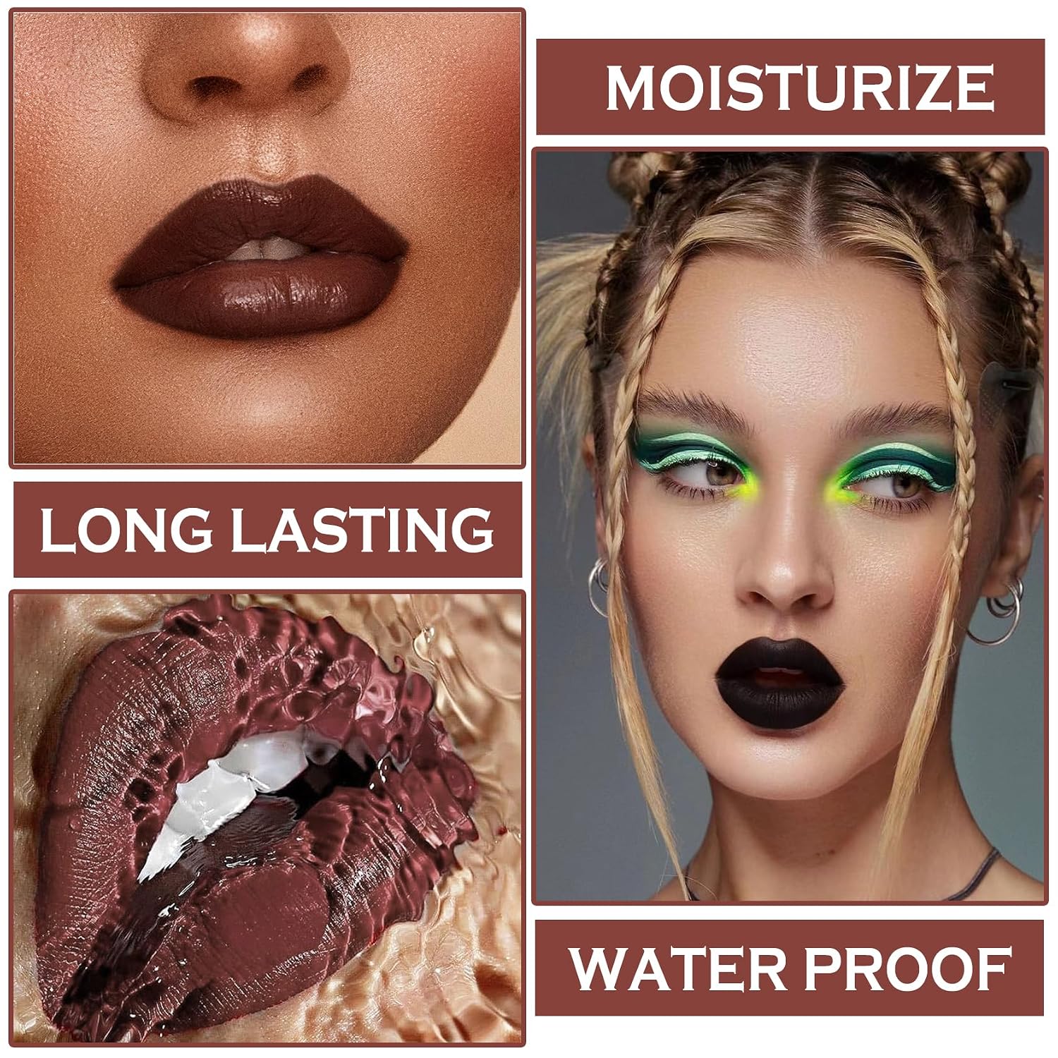 3 in 1 Black Lip Liner and Lipstick Lip Gloss Set (12 Black Magic) | Long-lasting Matte Velvet Goth Makeup,Nonstick