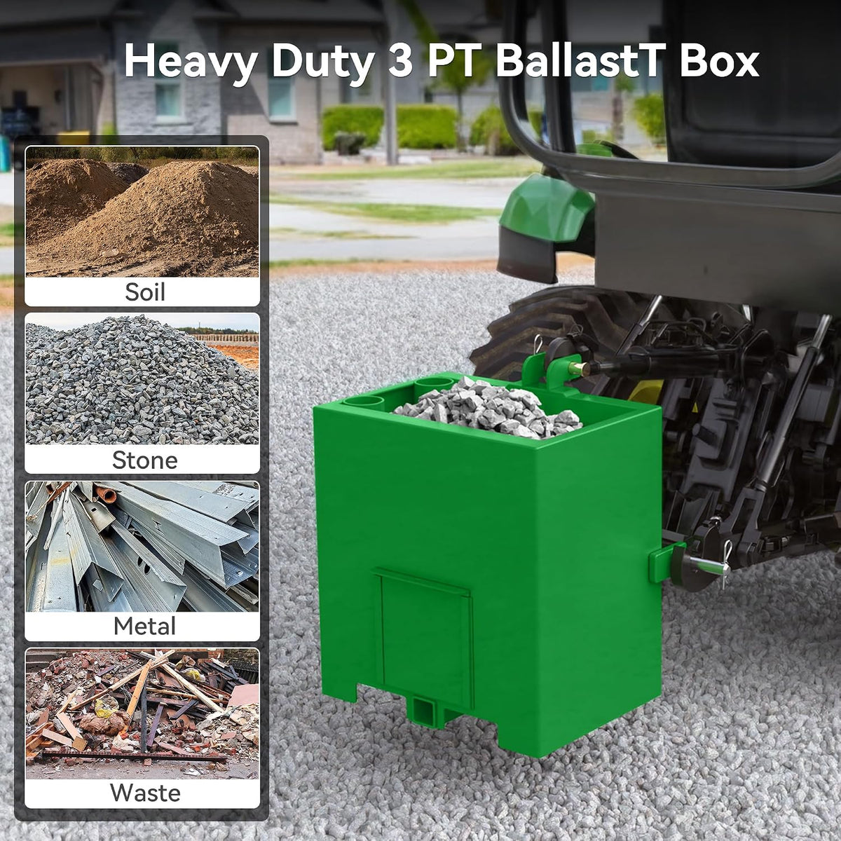 3 Point Hitch Ballast Box for Category 1 Tractor, 800lbs Weight Ballast Height Box with 2'' Quick Trailer Hitch