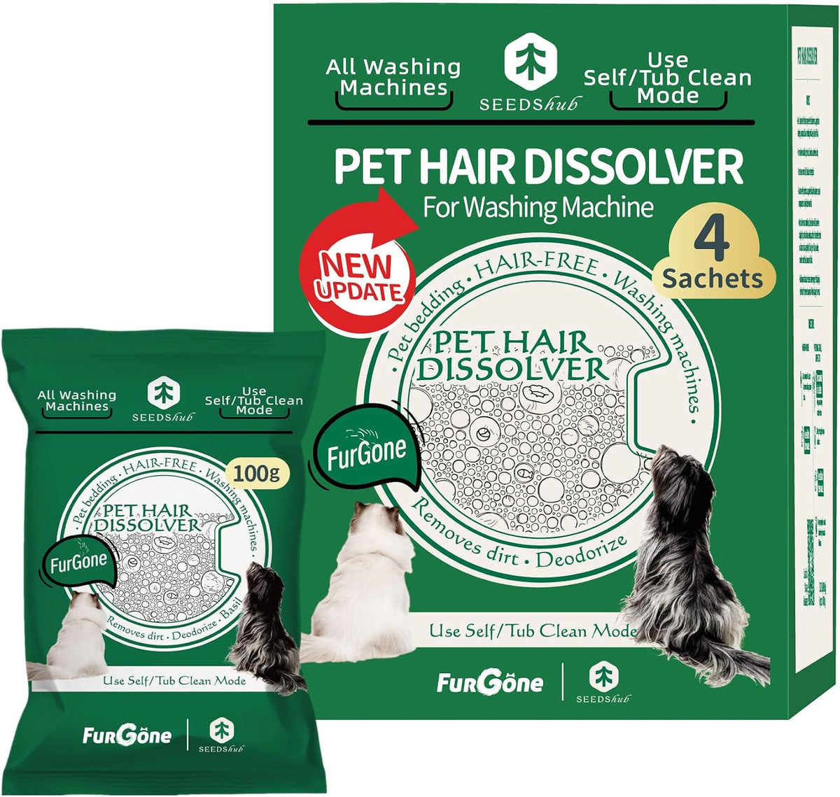 Pet Hair Dissolver Washing Machine Cleaner Powder, 4 Sachets