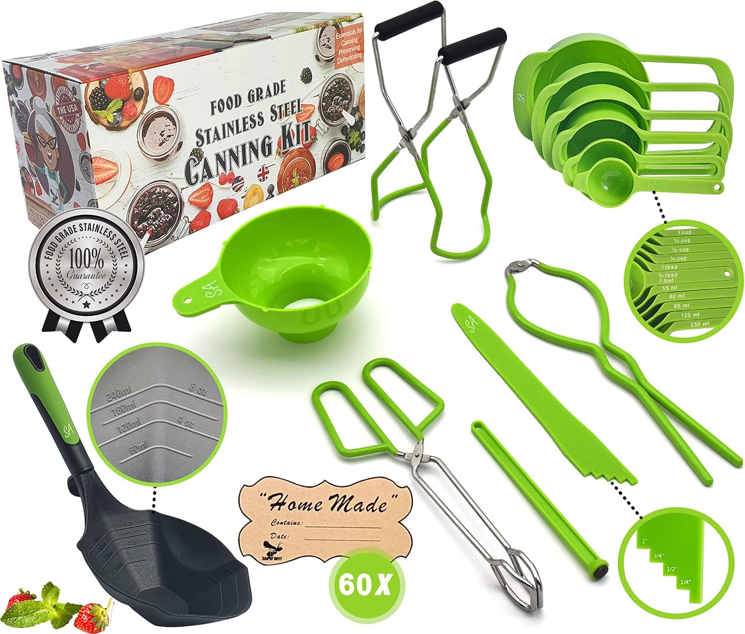 Canning Supplies - US Assembled Certified Food Grade Stainless Steel Canning Kit with XL Ladle, Wide Kitchen Funnel