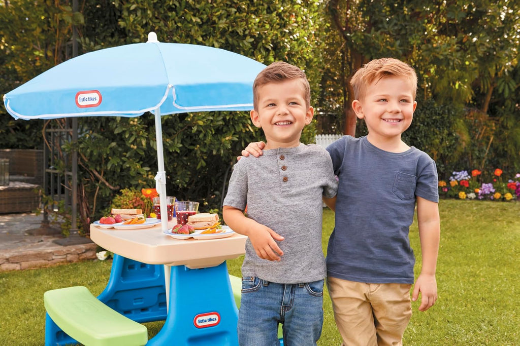 Easy Store Jr. Picnic Table with Umbrella - Blue / Green, 27.25''L x 27.00''W x 18.25''H