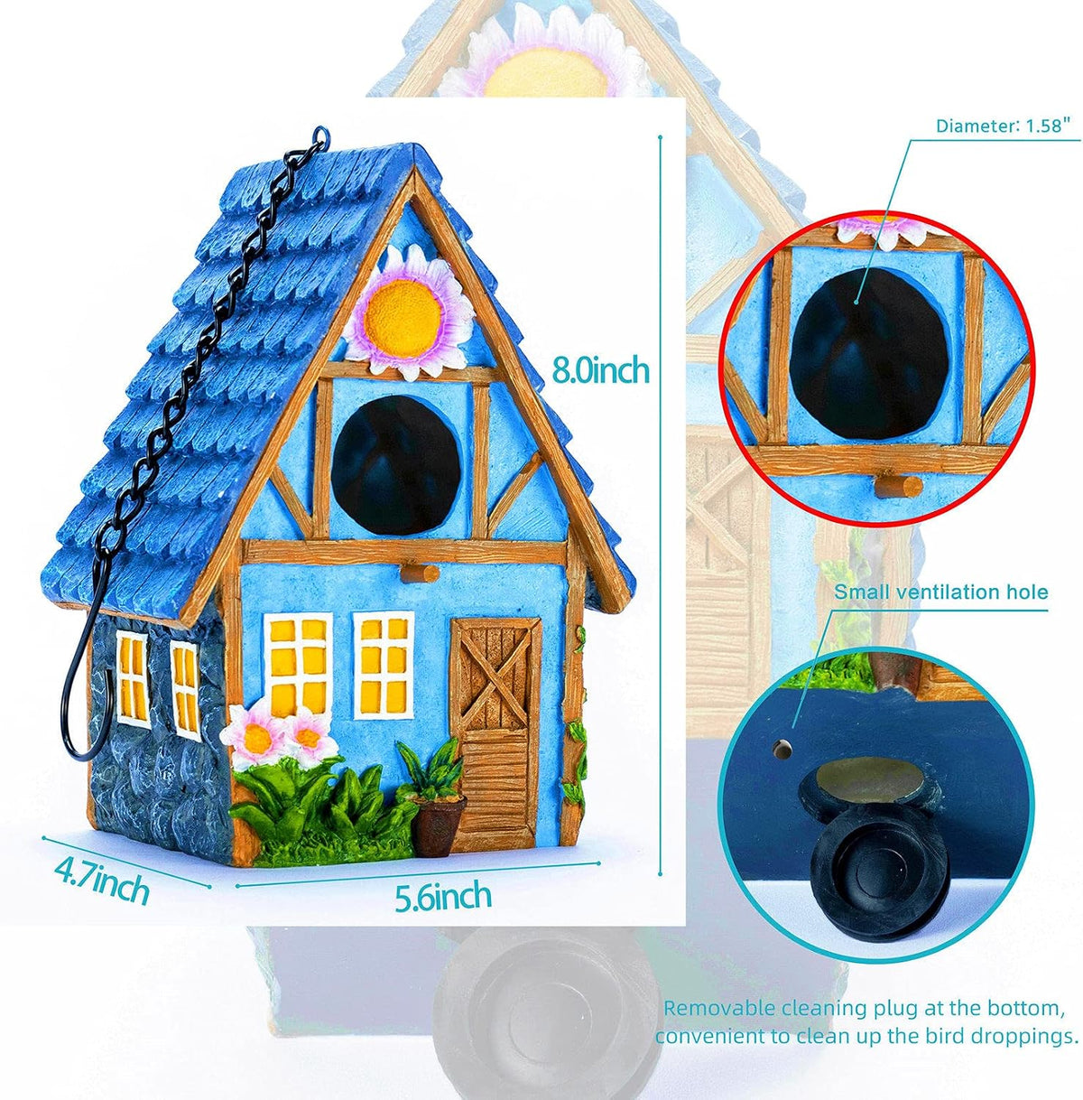 Garden Bird House, Hanging Birdhouse for Wren, Finch & Bluebird Red
