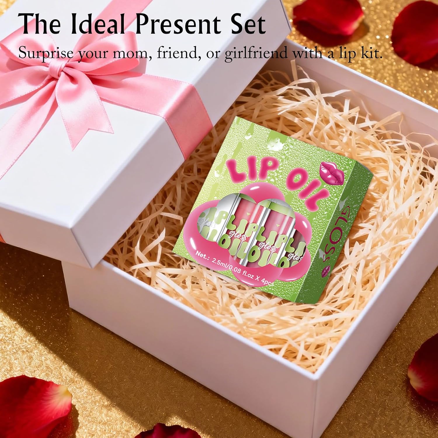 4 Colors Hydrating Lip Oil with Brown Lip Liner Set, Moisturizing Lip Combo High Pigmented Lightweight Glossy Liquid