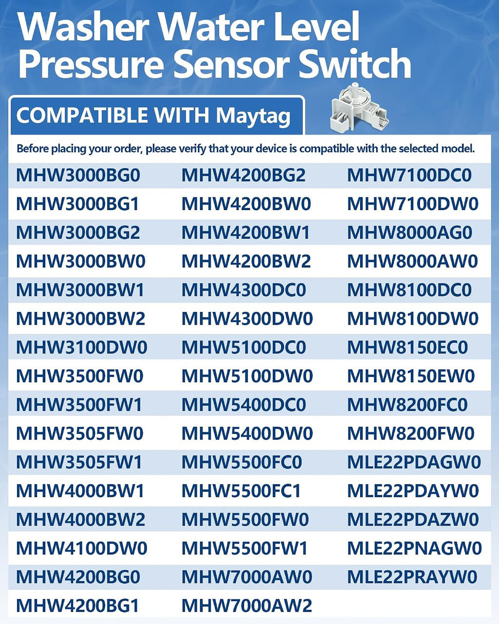 MHW3000BG10 MHW3000BG45 MHW3000BG51 Washer Pressure Sensor Fit for Maytag