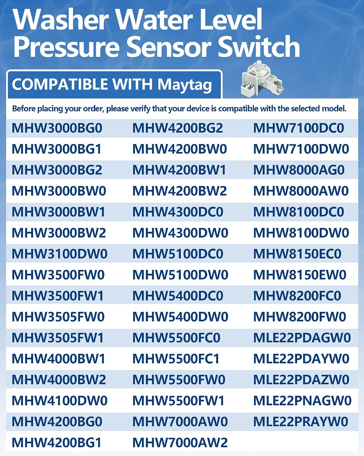 MHW3000BG10 MHW3000BG45 MHW3000BG51 Washer Pressure Sensor Fit for Maytag