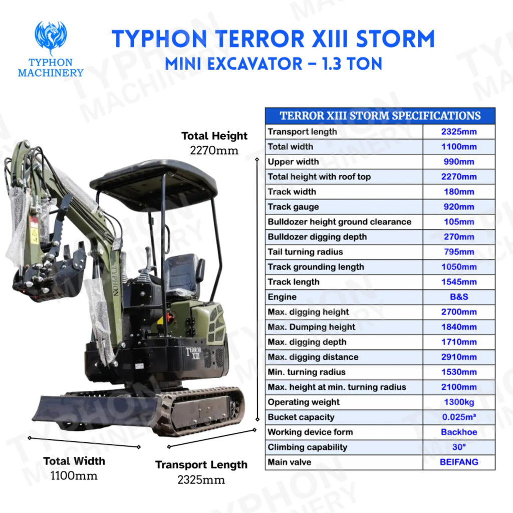 Terror XIII Mini Excavator, 13.5 HP Gas Engine, Compact Tracked Digger with Canopy, Military Green
