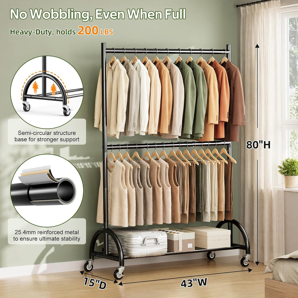 Heavy Duty Clothing Racks for Hanging Clothes Double Rod Rolling Closet Rack with Wheels for Coats, Garment Storage