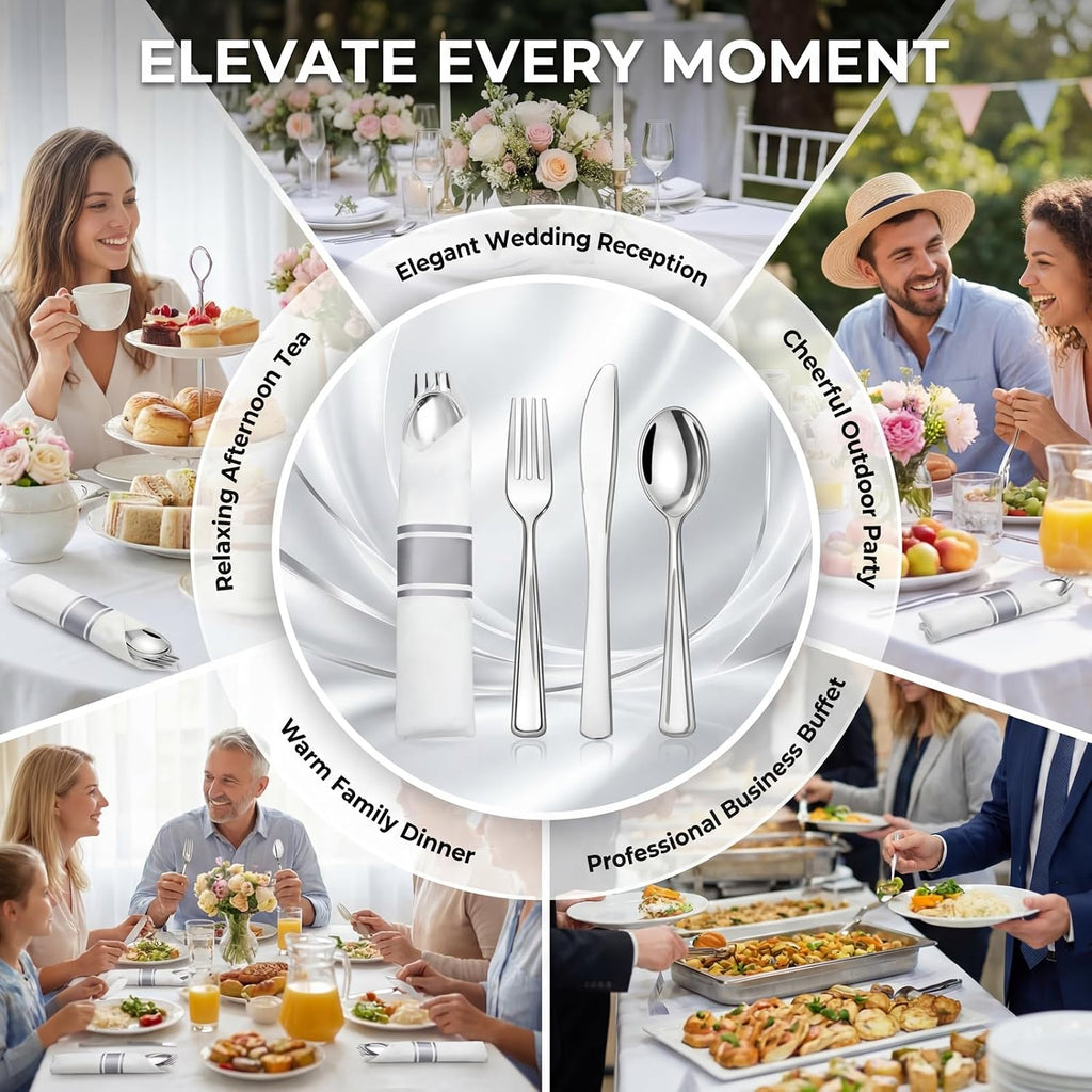 100 Pack Silver Plastic Silverware-Pre Wrapped cutlery and Napkin-Pre Rolled Silverware Disposable 100 Forks, 100