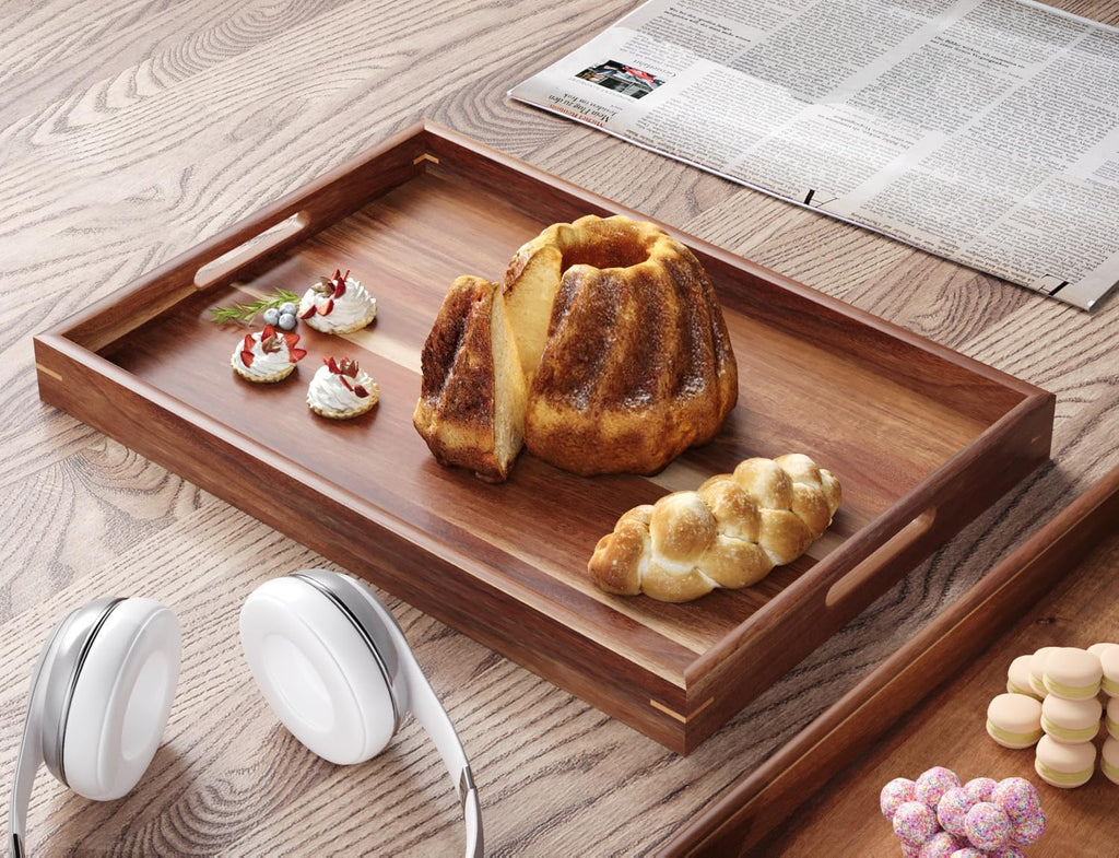 Set of 2 Acacia Wood Serving Tray with Handles