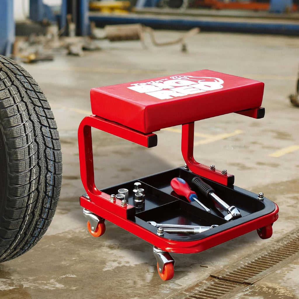 Torin TR6300 Red Rolling Creeper Garage/Shop Seat: Padded Mechanic Stool with Tool Tray Large