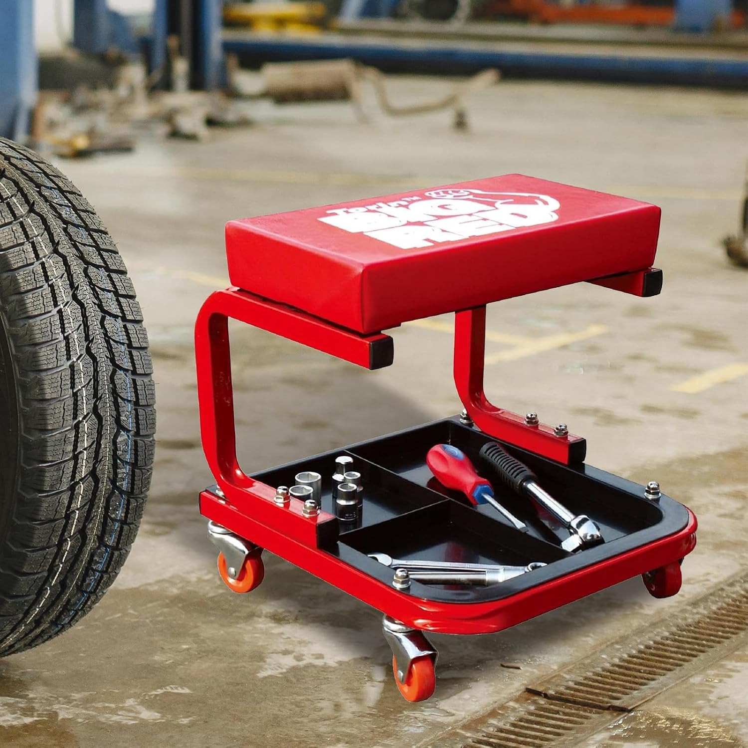 Torin TR6300 Red Rolling Creeper Garage/Shop Seat: Padded Mechanic Stool with Tool Tray Large
