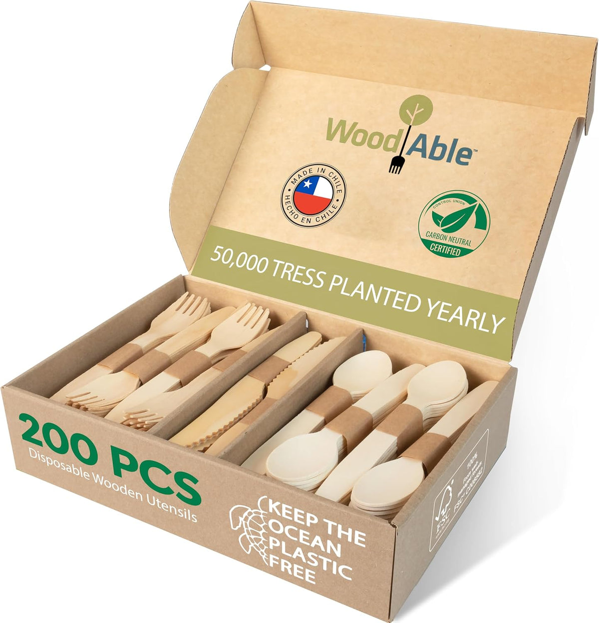 Wooden Cutlery, 200 Pack, 6.5 Inch, Bamboo Utensils Alternative