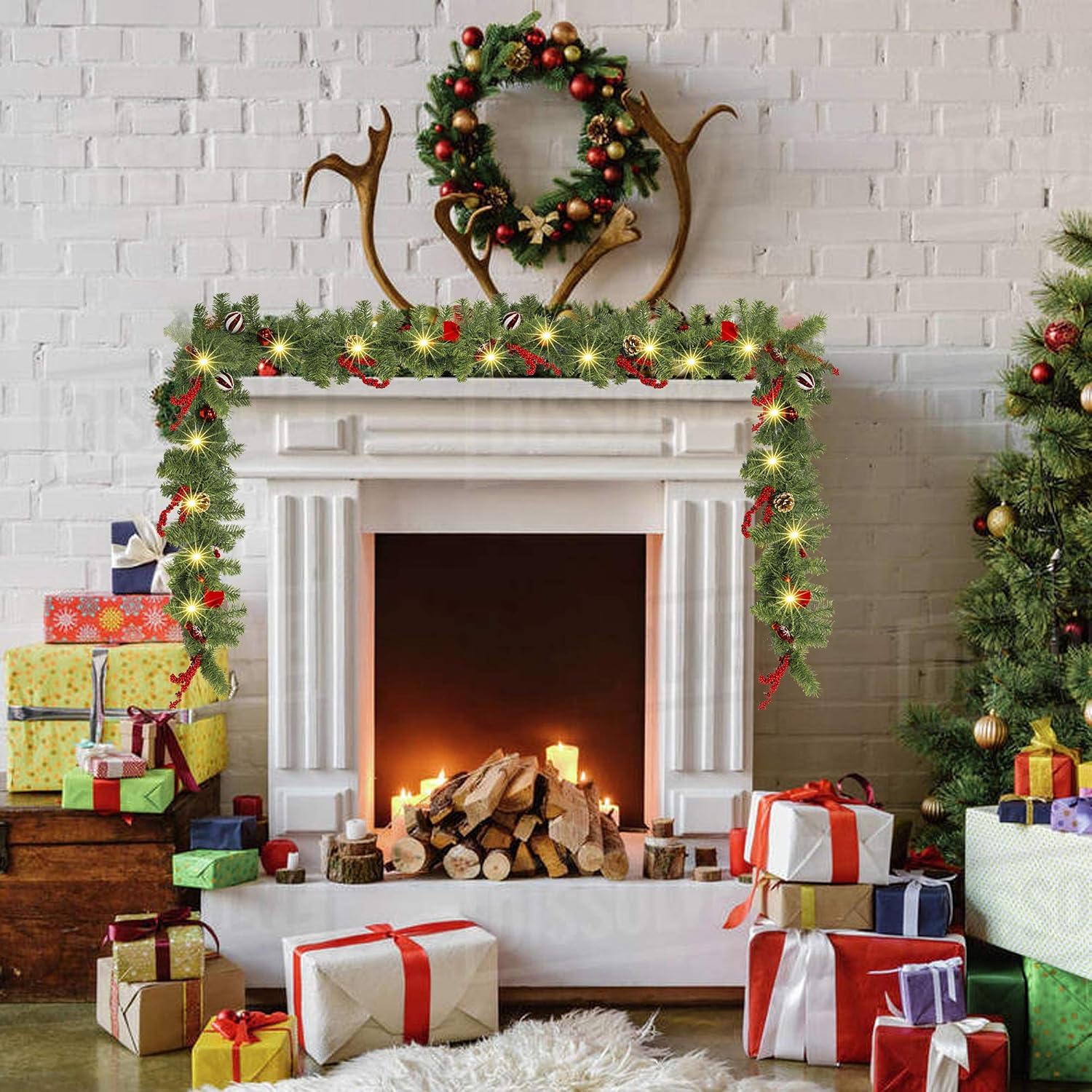 9 FT Artificial Christmas Garland, Pre-Lit 50 LED Battery Operated Lighted Xmas Garland with 8 Modes for Indoor