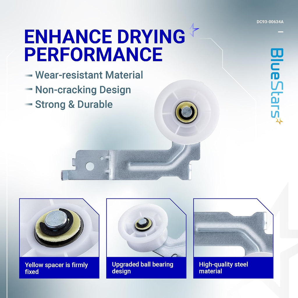 [Upgraded Dual Ball Bearings] BlueStars DC93-00634A Dryer Idler Pulley | with Sturdy Clip - For Samsung Dryers