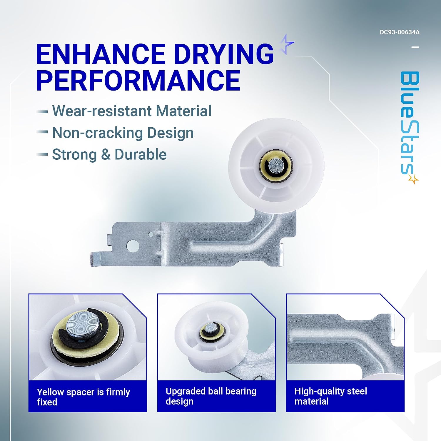 [Upgraded Dual Ball Bearings] BlueStars DC93-00634A Dryer Idler Pulley | with Sturdy Clip - For Samsung Dryers