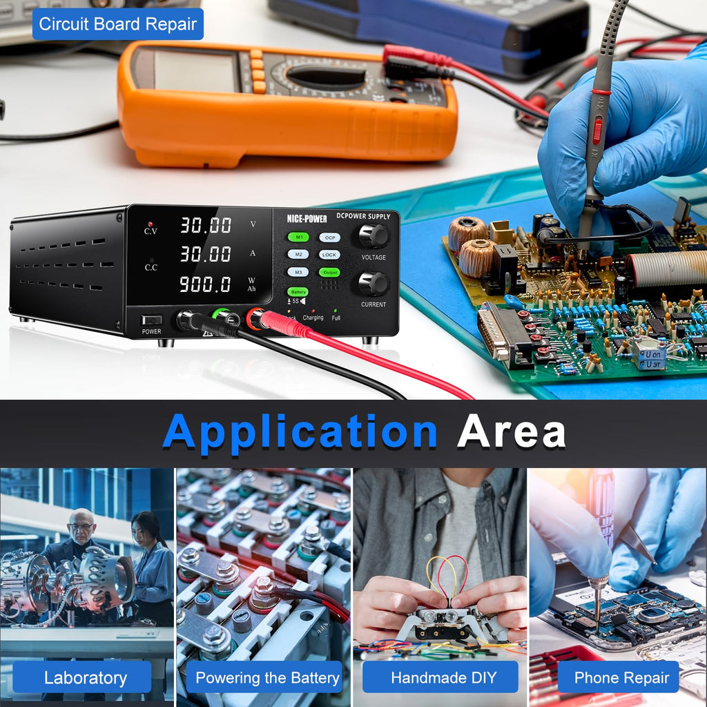 NICE-POWER DC Power Supply Variable, 30V 30A 900W High Power Bench Power Supply for Battery Charging, Adjustable Switching Regulated with OCP, Memory Storage, Output Switch, Lock Button