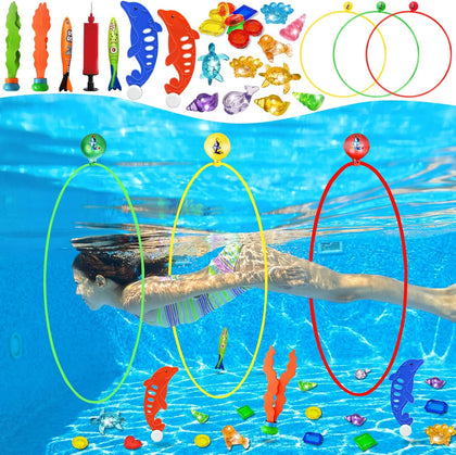 Pool Toys Diving Rings - 28PCS Swim Thru Rings Pool Game Diving Toys with Dive Ring Underwater Treasures Torpedo