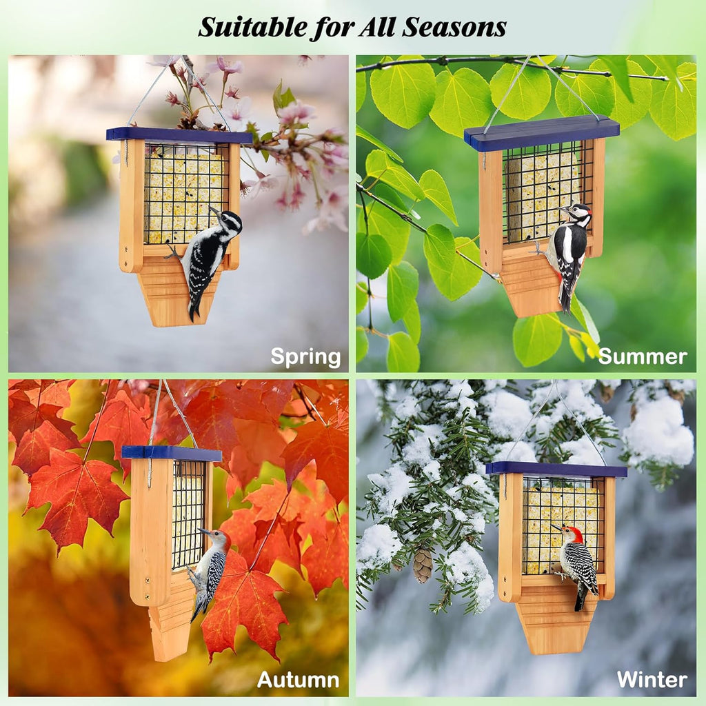 Wooden Suet Feeder with Tail Prop for Outside Hanging, Blue Roof