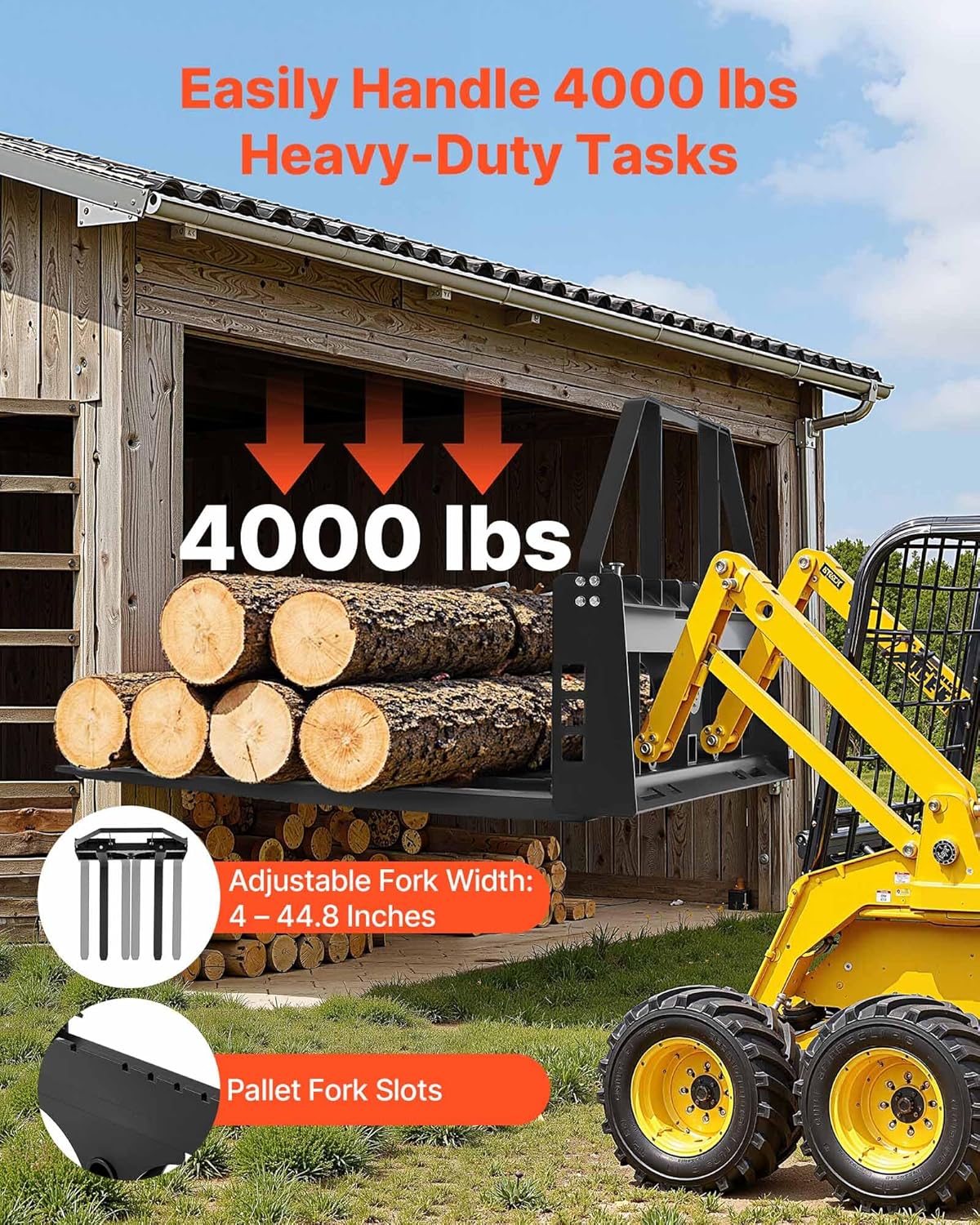 Skid Steer Pallet Forks, 45" Pallet Fork Frame with 48" Fork Blades, 2-inch Hitch Receiver & Spear Sleeves, Rated
