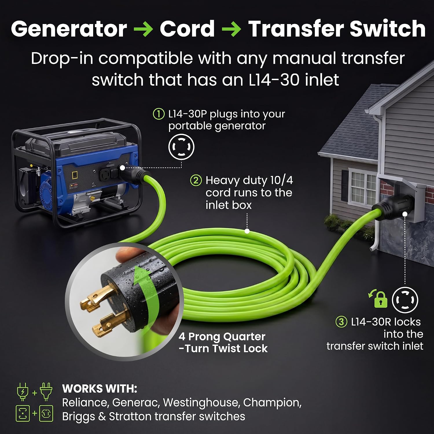 30 Amp Generator Cord 25 Ft, NEMA L14-30 Extension Cord, 10/4 SJTW 30amp Generator Extension Cord, 120/250V 7500W