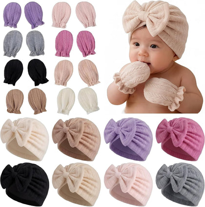 8 Sets Newborn Baby Girl Bow Hats and Mittens Turban Beanies 0-3M