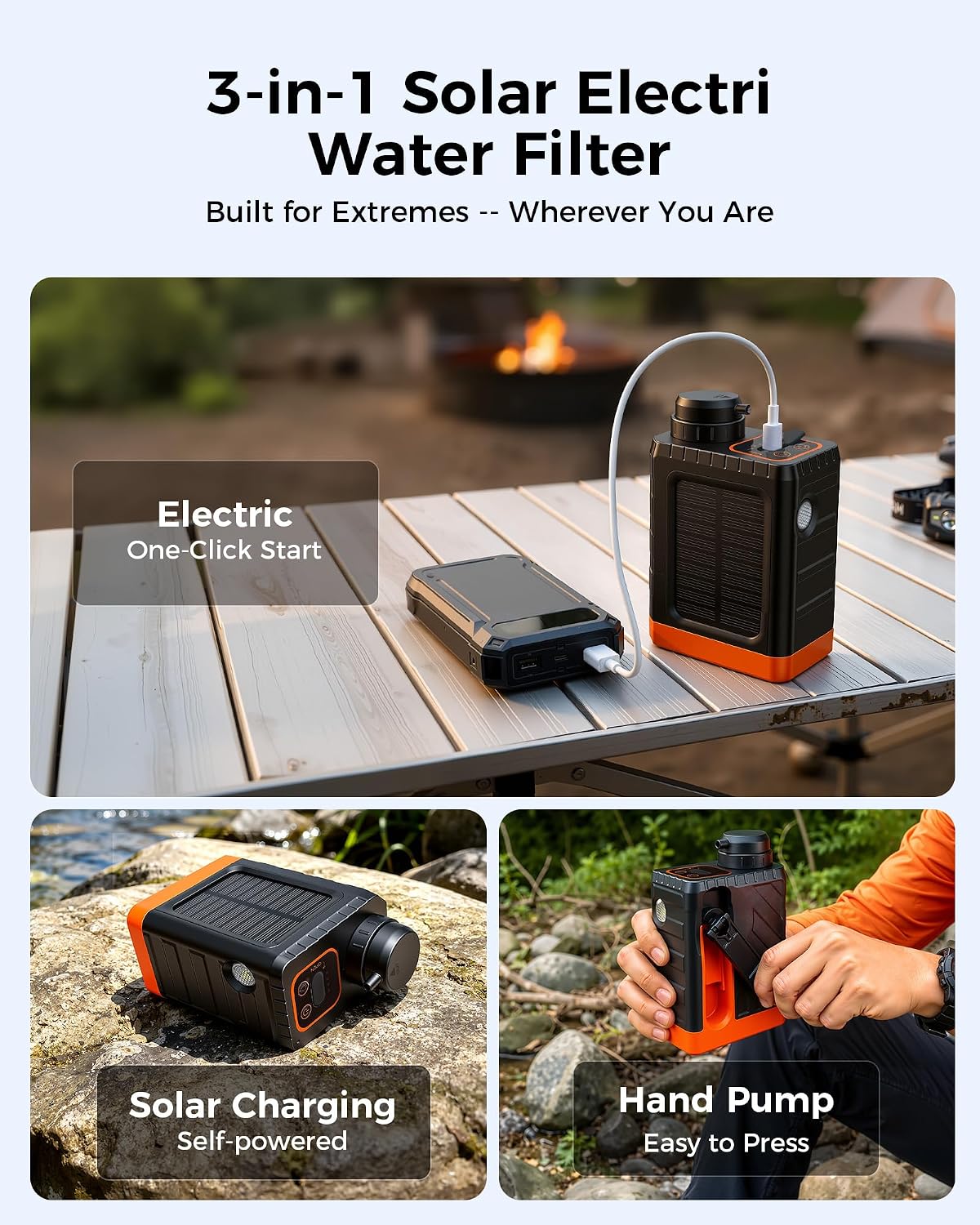 Portable Electric Water Filter for Camping & Survival - 0.01 Micron Water Purification System with Solar, Hand Crank