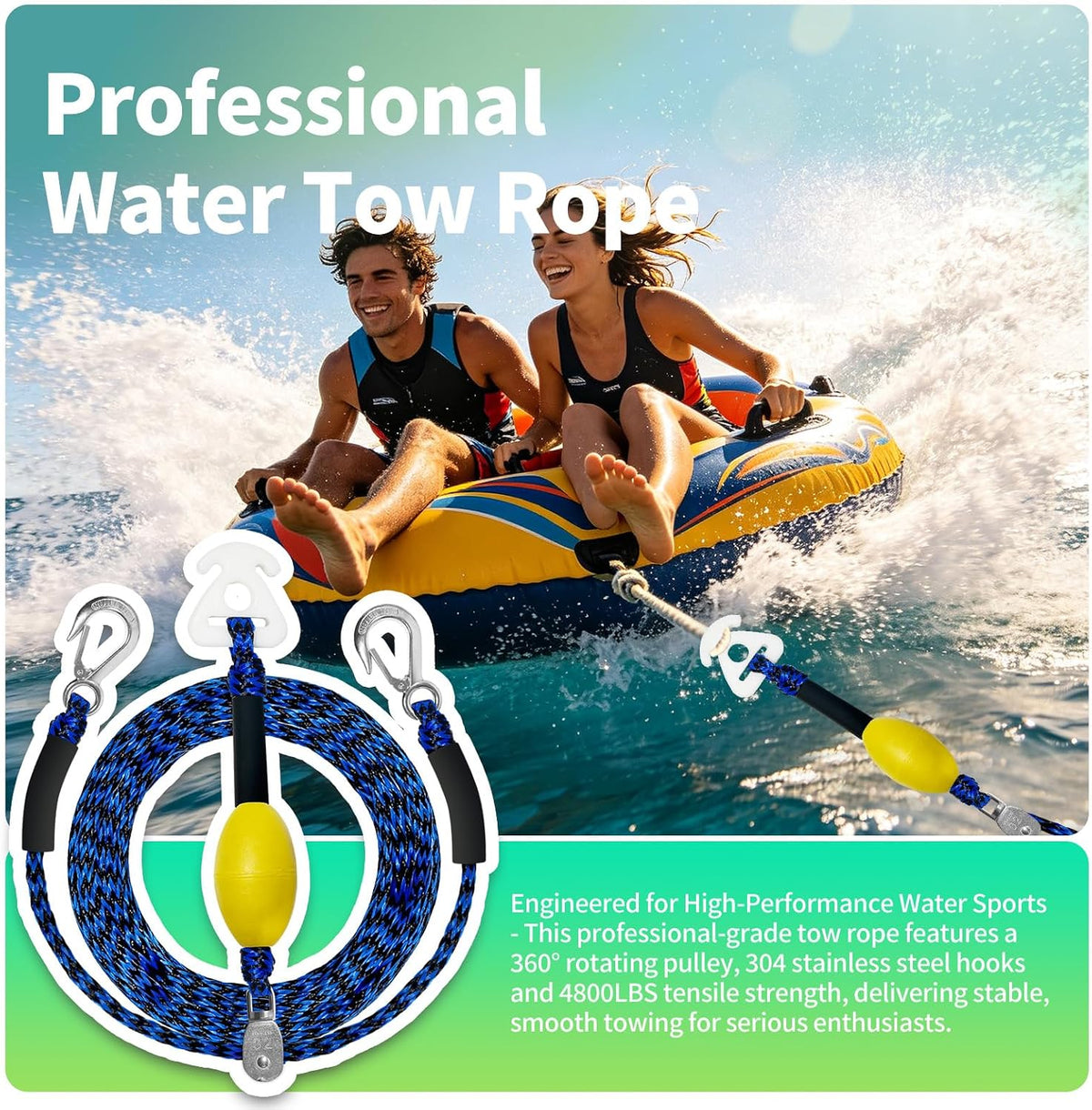 Self Centering Boat Tow Harness for Tubing & Wakeboarding – 3 Foam Floats Anti-Sink Design, Heavy Duty Tow Harness